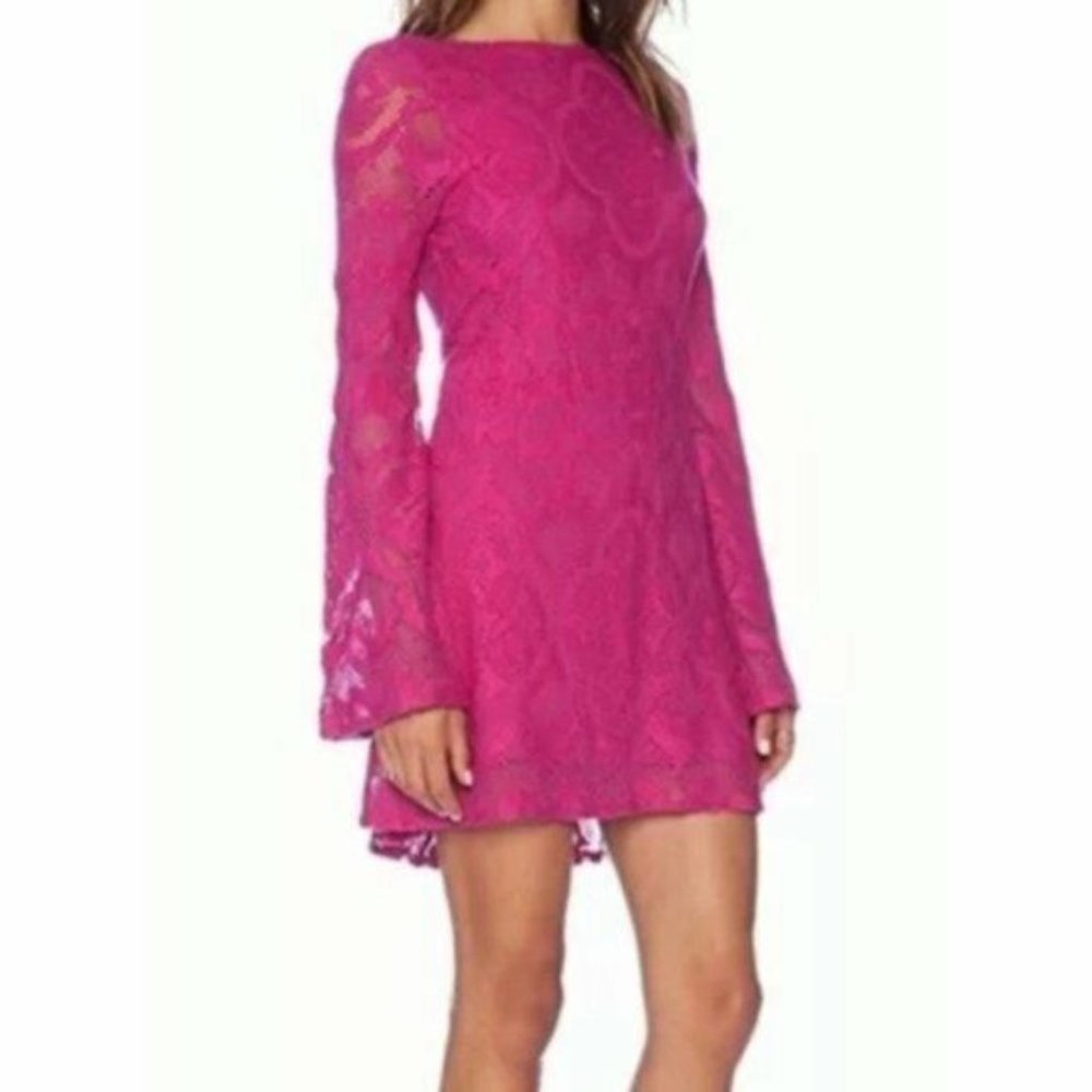 Nightcap Mini Dress Large Pink‎ Lace Open Back Bell Sleeve Boho Boatneck New NWT